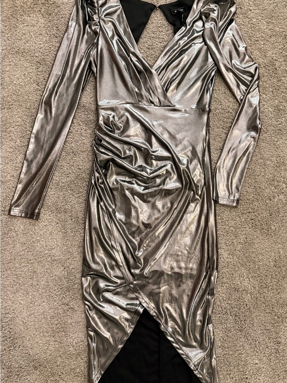 Metallic Silver Long-Sleeve Wrap Midi Dress